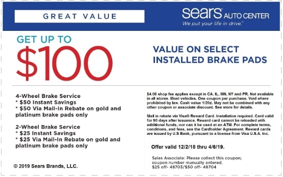 $100 OFF Sears Brake Service Coupon