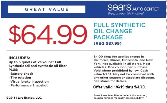 $64.99 Sears Full Synthetic Oil Change Package Coupon